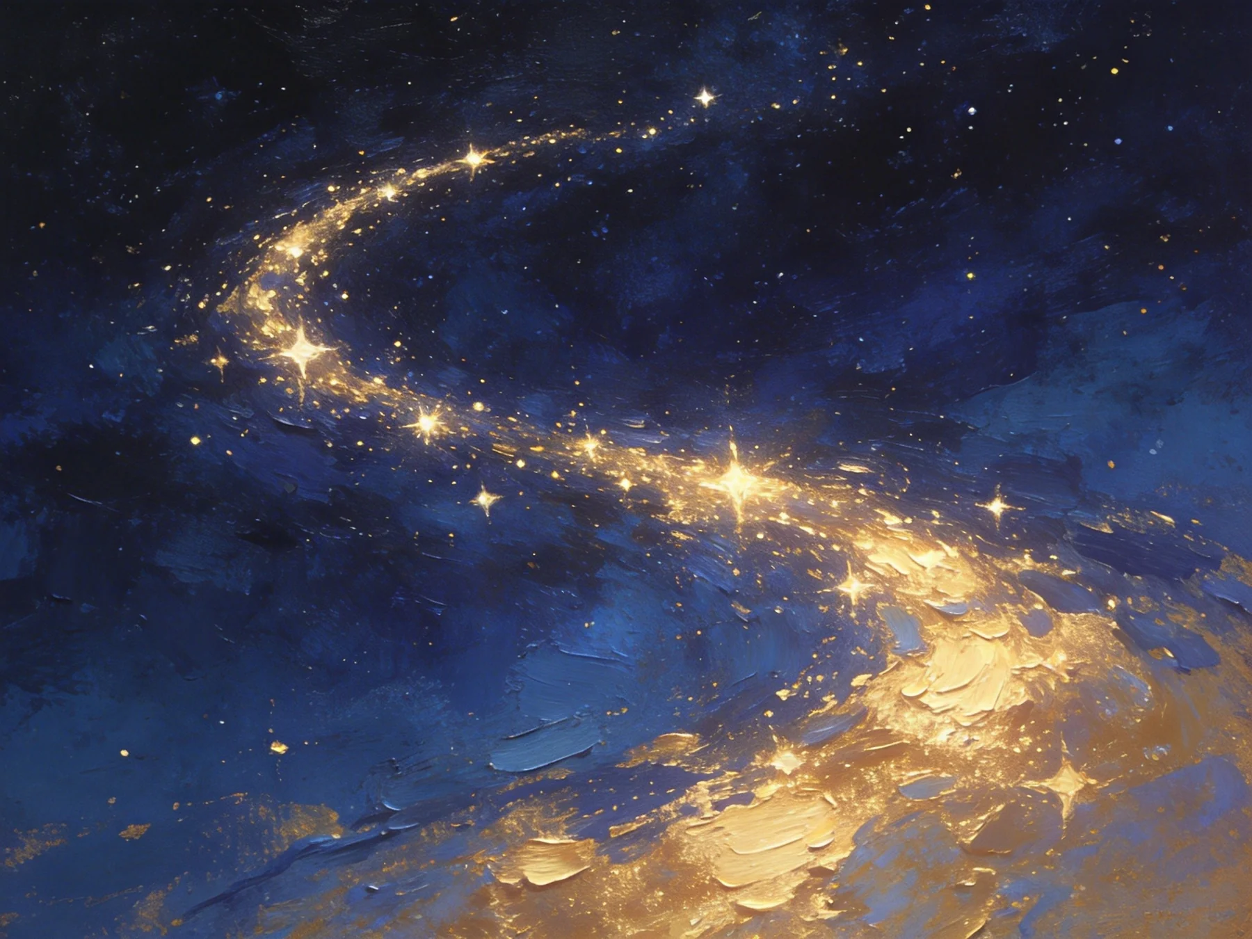 深蓝夜空中由金色星辰汇成的弧形星流