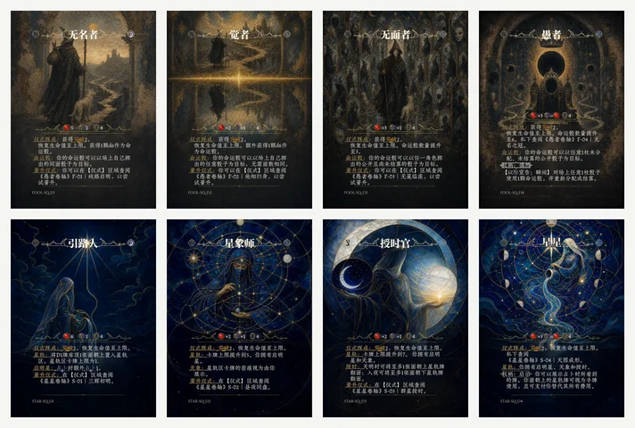 愚者与星星 D1 到 D4 八张位阶卡首测印刷候选接触表