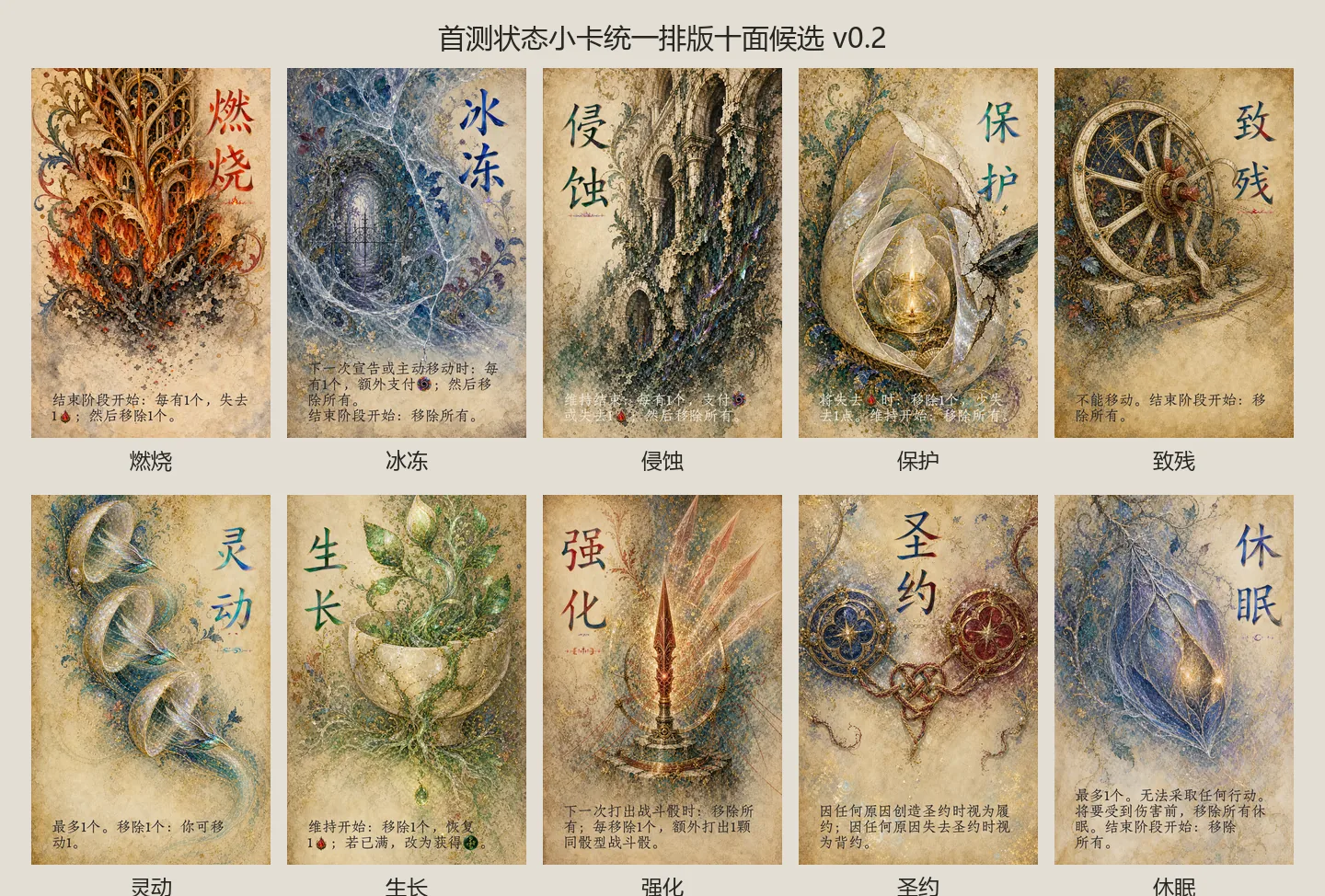 燃烧、冰冻、侵蚀、保护、致残、灵动、生长、强化、圣约与休眠十张状态卡样张